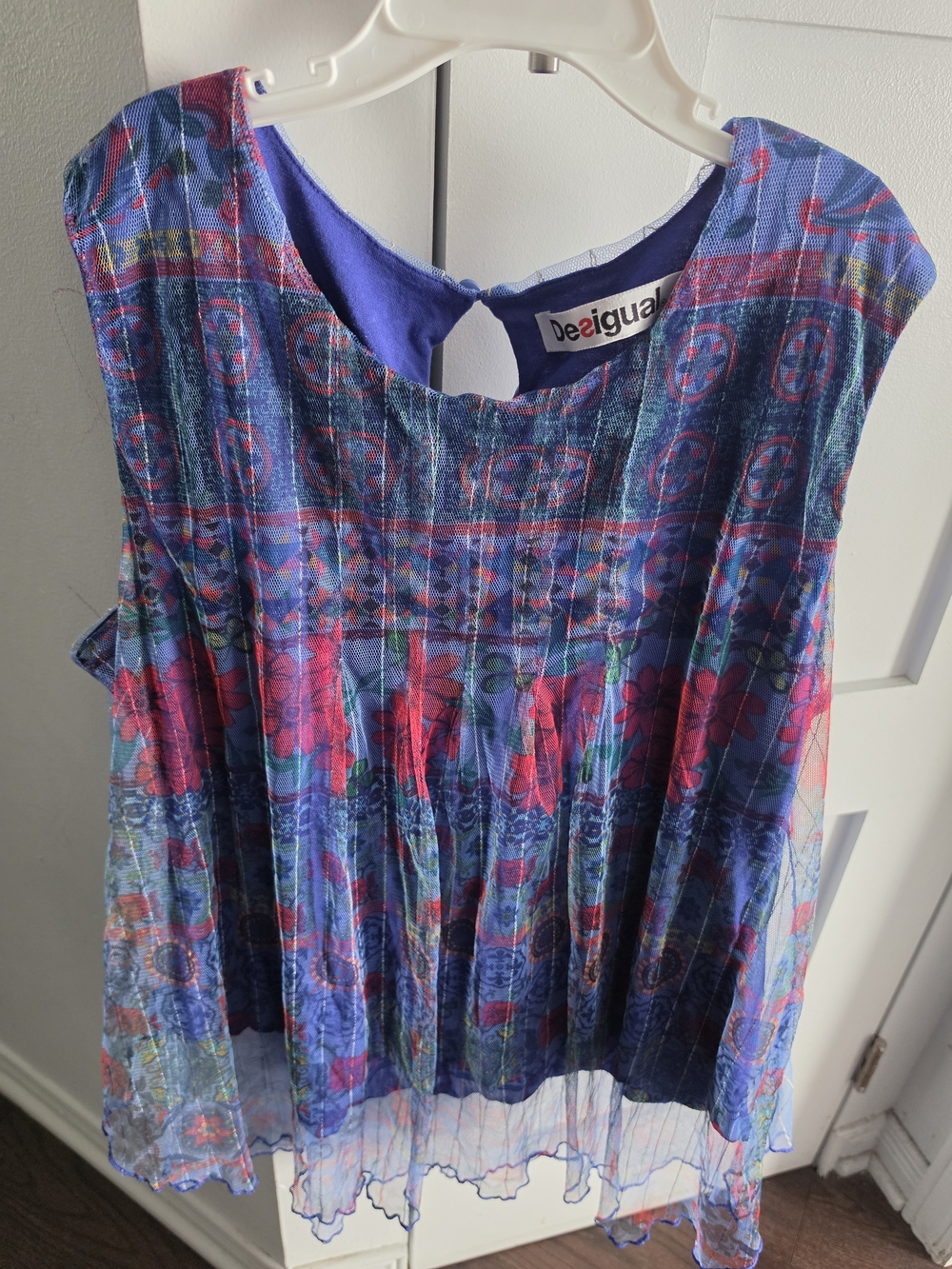 Desigual Blue Floral Pleated Tunic Top with Pink Accents
